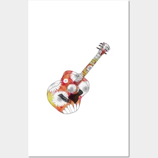 Acoustic guitar psychedelic daisies Posters and Art